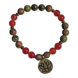 Striking Unakite Carnelian Bead Stretch Bracelet with Lotus Charm - Size 6.5